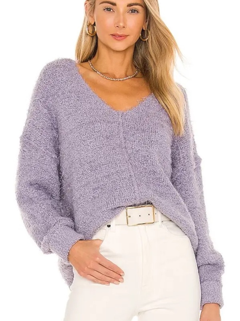 Free People Lavender Fuzzy V-Neck Oversized Sweater Size M